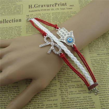 Crystal Bowknot Hand Eyes Leather Cord Bracelet