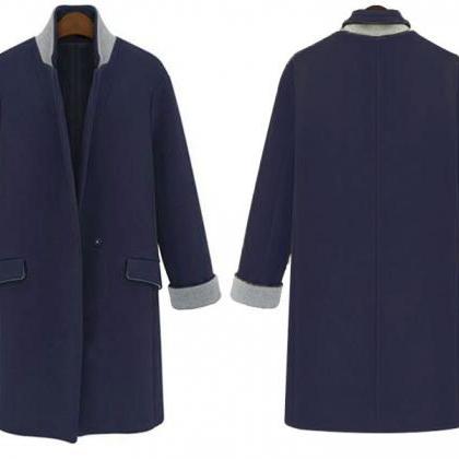 Suit Collar Straight Long Sleeves One Button Long..