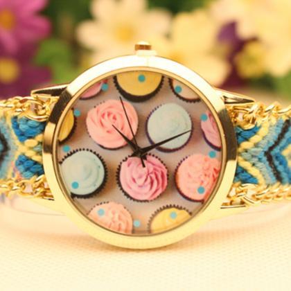 Cupcake Print Handmade Woven Bracelet Watch