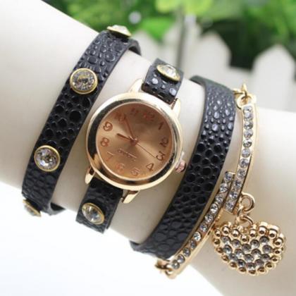 Crystal Heart Pu Strap Wristwatch