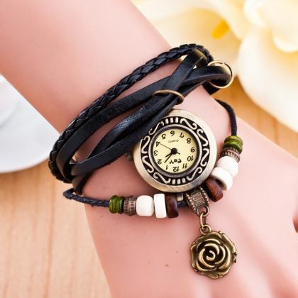 Metal Rose Pendant Woven Bracelet Watch