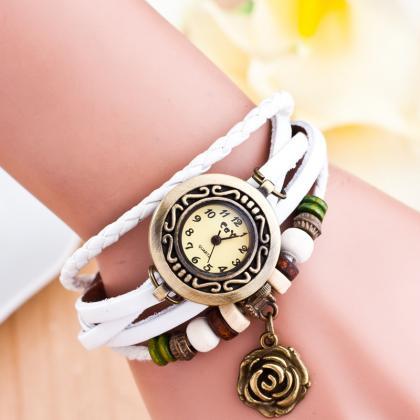 Metal Rose Pendant Woven Bracelet Watch