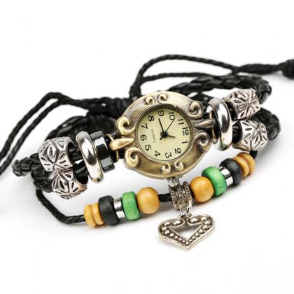 Retro Beaded Leather Bracelet Watch