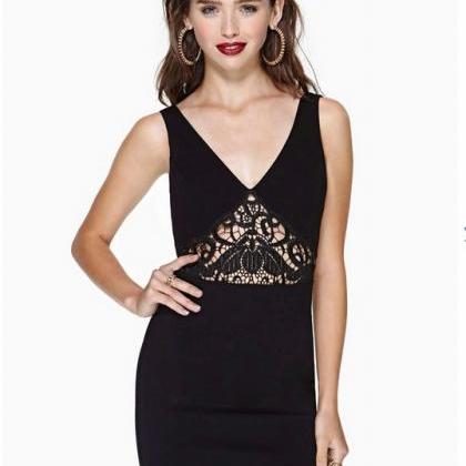 Sexy Black Hollow Out Lace Short Dress