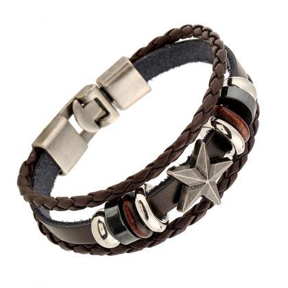 Retro Star Beaded Leather Woven Bracelet
