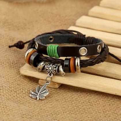 Maple Leaf Pendant Leather Bracelet
