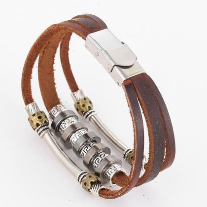 Unique Alloy Beaded Leather Braided Bracelet