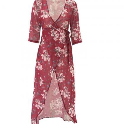 Kimono Style Sexy Wrap Wine Red Irregular Dress