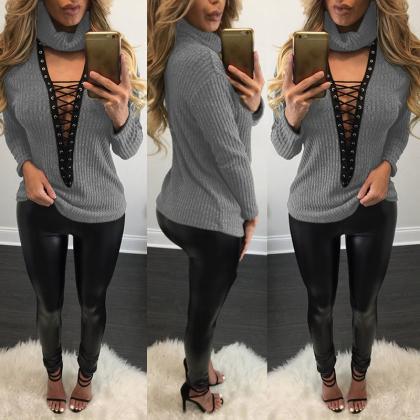 Sexy V Lace Up Turtleneck Sweater