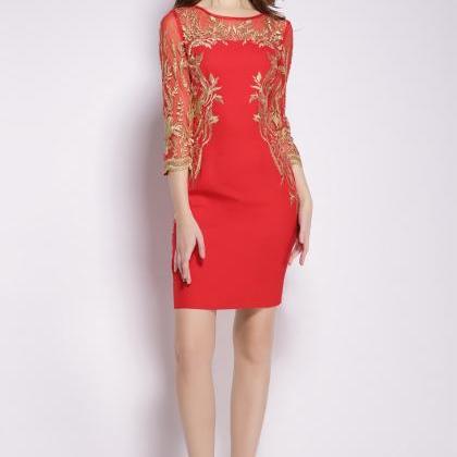 Golden Thread Embroidery Lace Short Dress