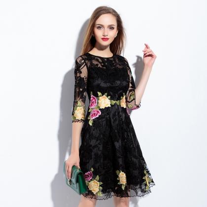 Embroidery Short Sleeves A-line Short Dress