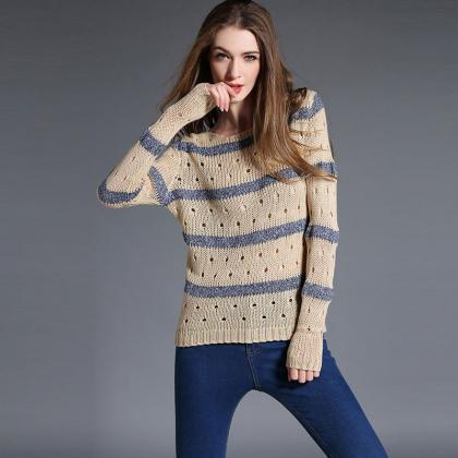 Fashion Stripe Hollow Out Pullovers Knitwear..
