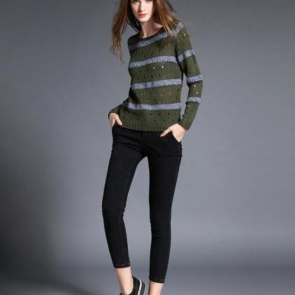 Fashion Stripe Hollow Out Pullovers Knitwear..