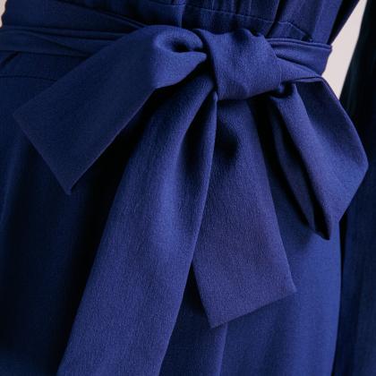 Blue Round Neck Long Sleeve Belt Long Dress