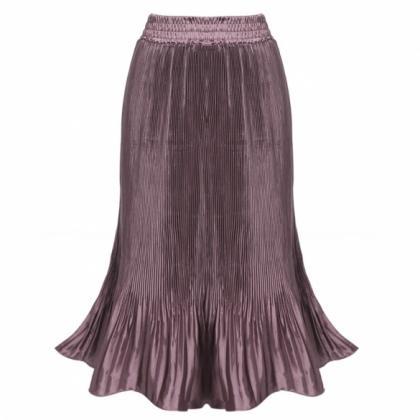 Women Casual Pleated Solid Mid Length Skirt