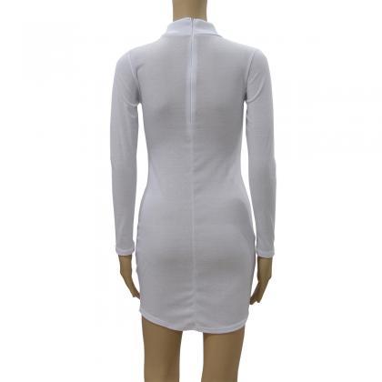 White Long-sleeved Round Collar Bodycon Short..