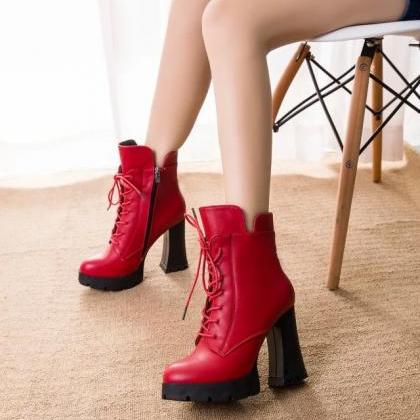 Lace Up Side Zipper Chunky Heel Short Boots