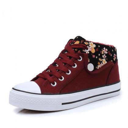 Flower Print Lapel Leisure Lace Up Sneakers