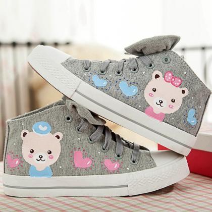 Gray Hand-painted Bowknot Canvas Sneakers