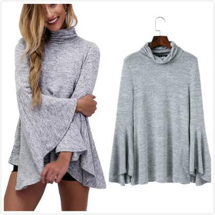 Turtleneck Long Flared Sleeves Top Featuring Open..