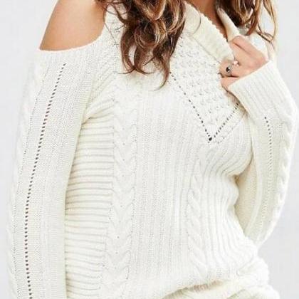 Sexy Dew Shoulder Long Sleeve White Sweater