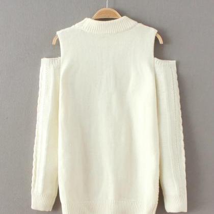Sexy Dew Shoulder Long Sleeve White Sweater