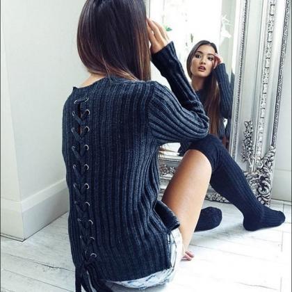 Navy Ribbed Knit Lace Up Sweater
