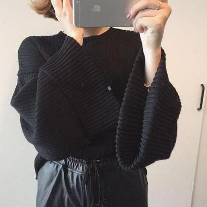 Ribbed Knit Crew Neck Long Flared S..