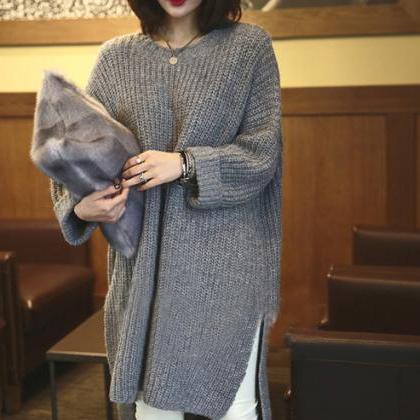 Gray Slitting Irregular Knitting Long Sweater