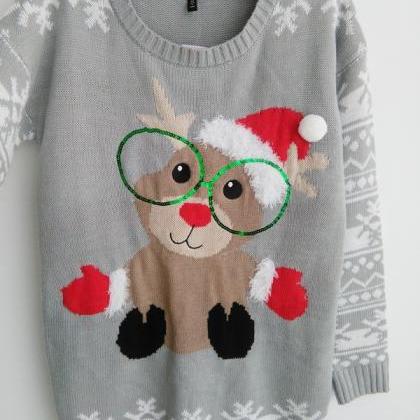 Cute Christmas Elk Sequins Glasses Gray Knitting..