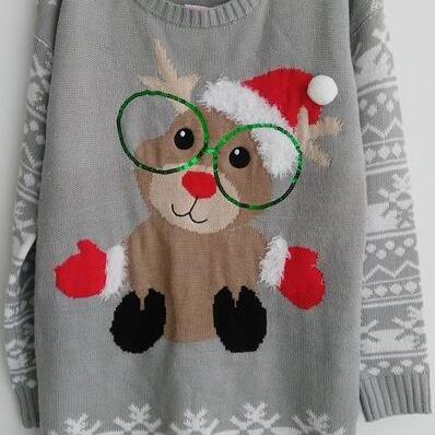 Cute Christmas Elk Sequins Glasses Gray Knitting..