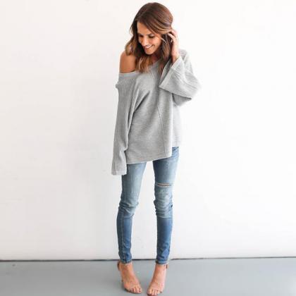 Fashion Bell Sleeve Scoop Knit Loose Pullover..
