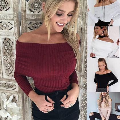 Sexy Off Shoulder Slim Ribbed Long Sleeve Knit..