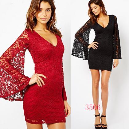 Sexy Lace V Neck Bell Sleeve Short ..