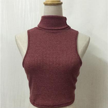 High Neck Ribbed-knit Sleeveless Short Crop Top
