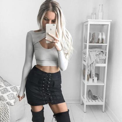Faux Suede Lace-up Mini Skirt Featuring Front..