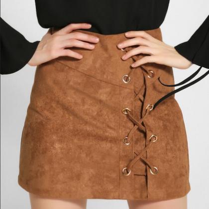 Sexy High Waist Suede Lace Up Bodycon Short Skirt