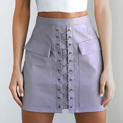 Pu Pockets Lace Up Bodycon Short Wool Skirt