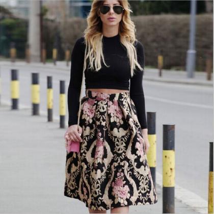 Retro Style Floral Print High Waist Pleated Flared..
