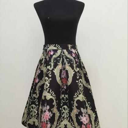 Retro Style Floral Print High Waist Pleated Flared..
