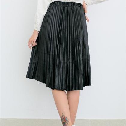 Retro Pu High Waist Pleated Knee-length Skirt