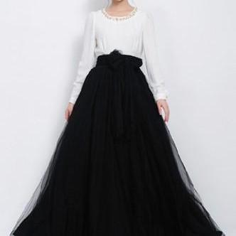 Pure Color Multi-layer Mesh Long Skirt With Lace..