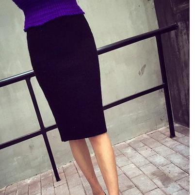 High Waist Knit Split Knee-length Slim Skirt