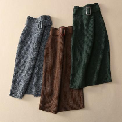 High Waist Pure Color Split Knit Slim Skirt
