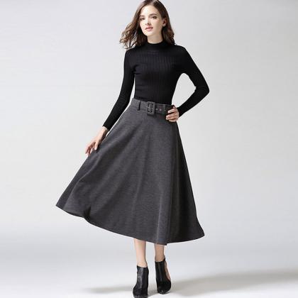 Fashion A-line Pure Color Woolen Long Skirt With..