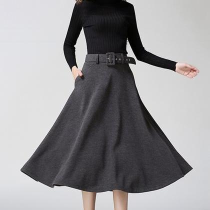 Fashion A-line Pure Color Woolen Long Skirt With..