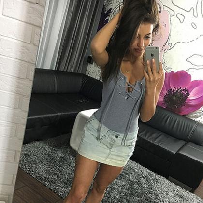 Pure Color Thread Sleeveless Lace Up V-neck Short..