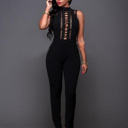 Hollow Out Lace Up Back Zipper Sleeveless Long..