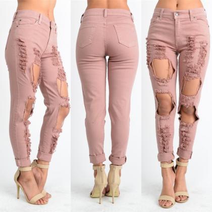 Pink Ripped Hole Low Waist Long Str..