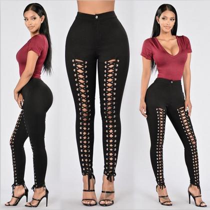 Black Hollow Out Lace Up Leg High W..